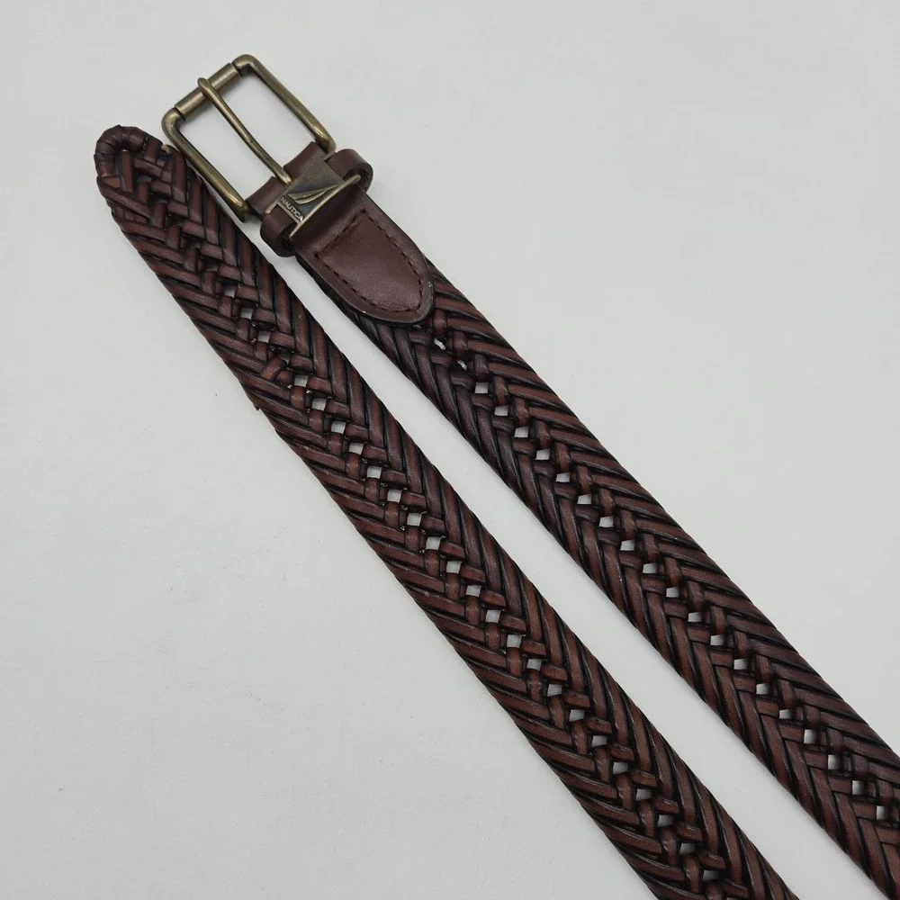 Nautica Braided Belt Brown Leather Mens 34 Bronze Buckle New